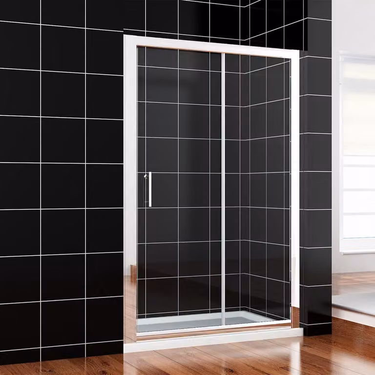 Cabina doccia SONNI 140 x 185 cm bianco argento, porta scorrevole, binario superiore e inferiore, vetro da 5 mm, telaio della porta con possibilità di regolazione di 20 mm