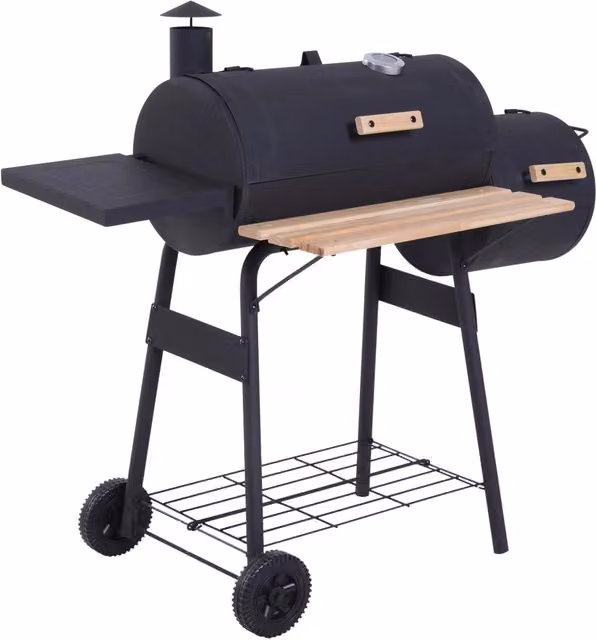 Barbecue Fumoir Minimal con Piedi in Acciaio Laminato a Freddo e Legno, Nero, con Termometro e Ruote per Carbone