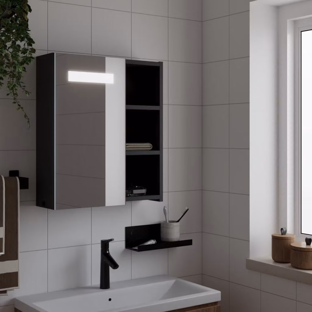 Armadietto da bagno con specchio e illuminazione LED vidaXL nero moderno con ante in vetro e ripiani interni L/P/H: 45 x 13 x 52 cm