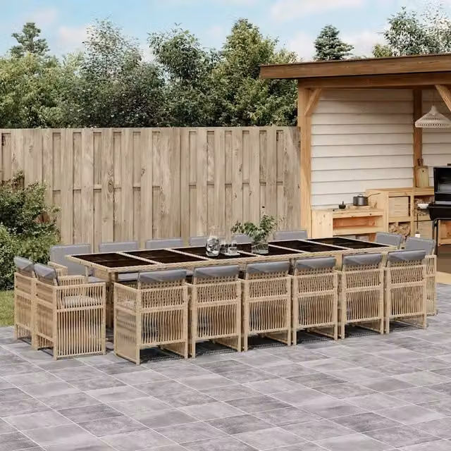 Set da pranzo da giardino vidaXL in polyrattan con cuscini beige, nero e grigio e tavolo in vetro, 17 pezzi