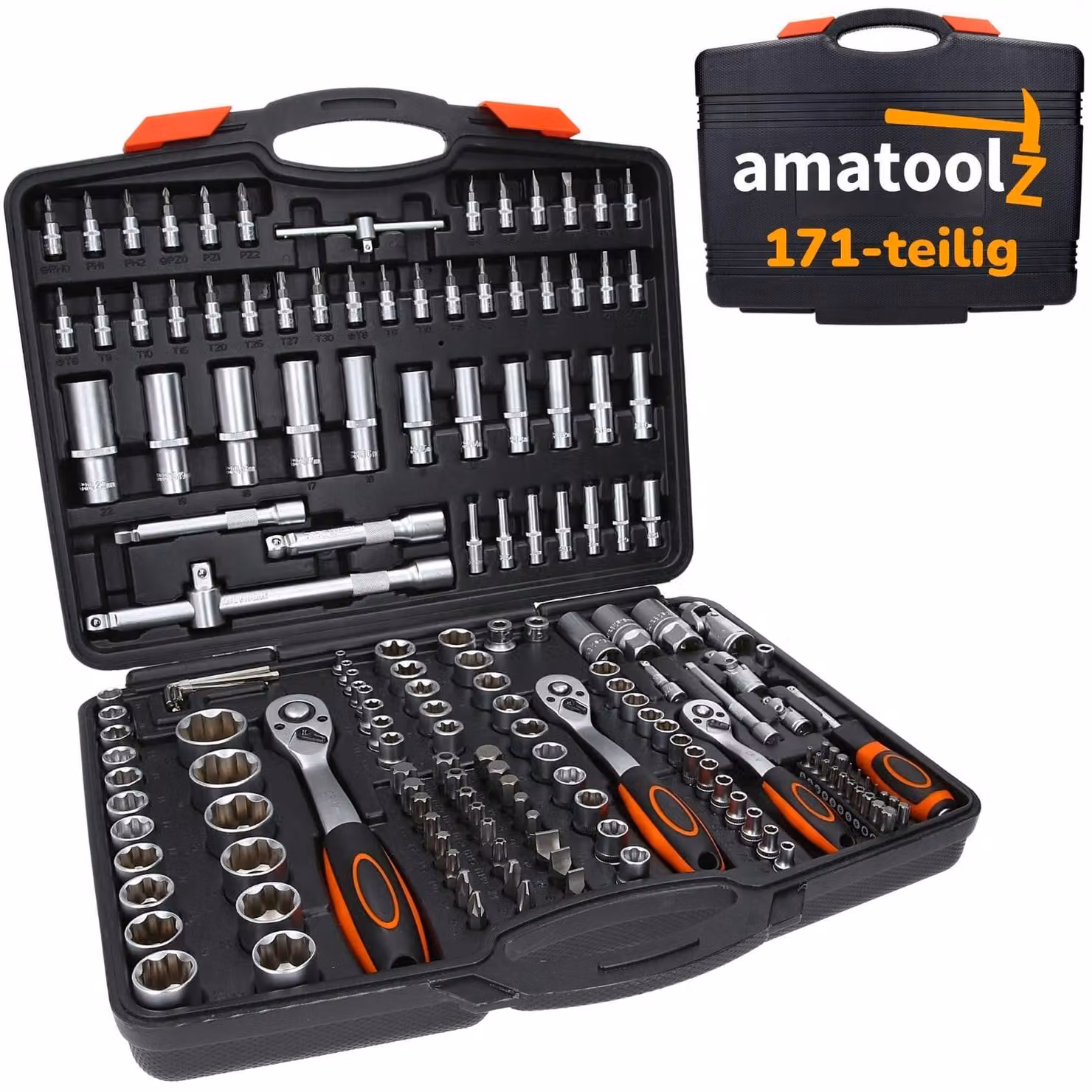 Set di chiavi a cricchetto 171 pezzi - Acciaio al cromo-vanadio - In valigetta - 1/2 pollice, 1/4 pollice, 3/8 pollice - Inserti da 4 a 32 mm - 55 inserti per cacciavite