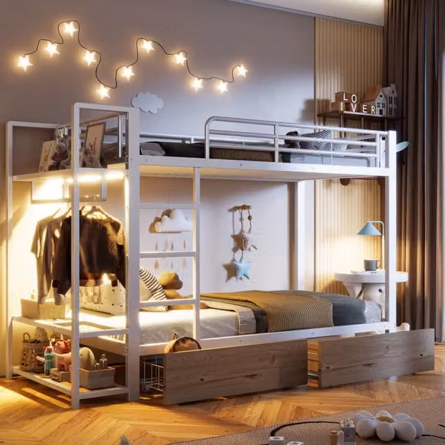 Letto a castello in metallo 90 x 200 cm con 2 cassetti, mensole, striscia LED, asta appendiabiti - Bianco, senza materasso