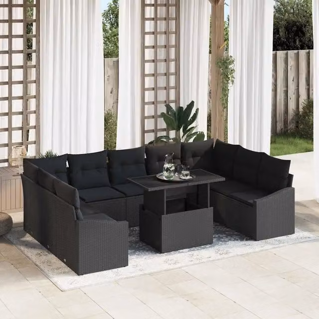 Set Divano da Giardino a Forma di U vidaXL Nero con Tavolino e Cuscini in Poliestere Resistente ai Raggi UV