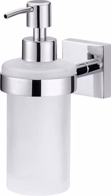 Dispensiere per sapone in vetro satinato e acciaio inox verniciato - fissaggio alla parete senza forare - 125mm x 70mm x 170mm