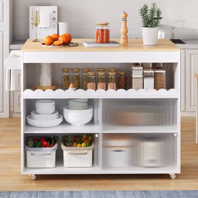 Carrello da cucina con piano pieghevole, ante scorrevoli in vetro e ripiani regolabili per casa, 122 × 46(69) × 91 cm