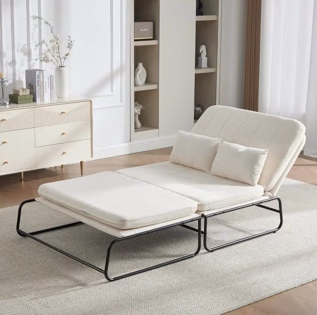 Divano letto 2 posti in ciniglia beige con struttura in metallo e tasche laterali HOMVRA