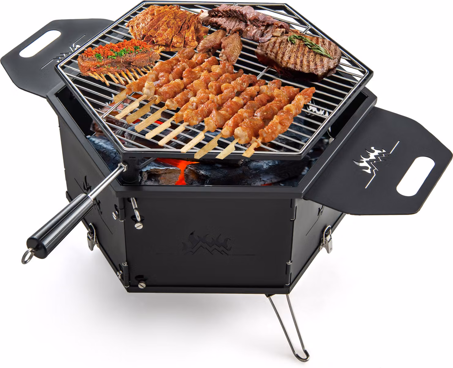 COSTWAY 2 in 1 grande barbecue a carbonella con griglia girevole a 360°, barbecue da campeggio con maniglie per cucinare e riscaldare, ciotola pieghevole per il fuoco 77x74x38cm