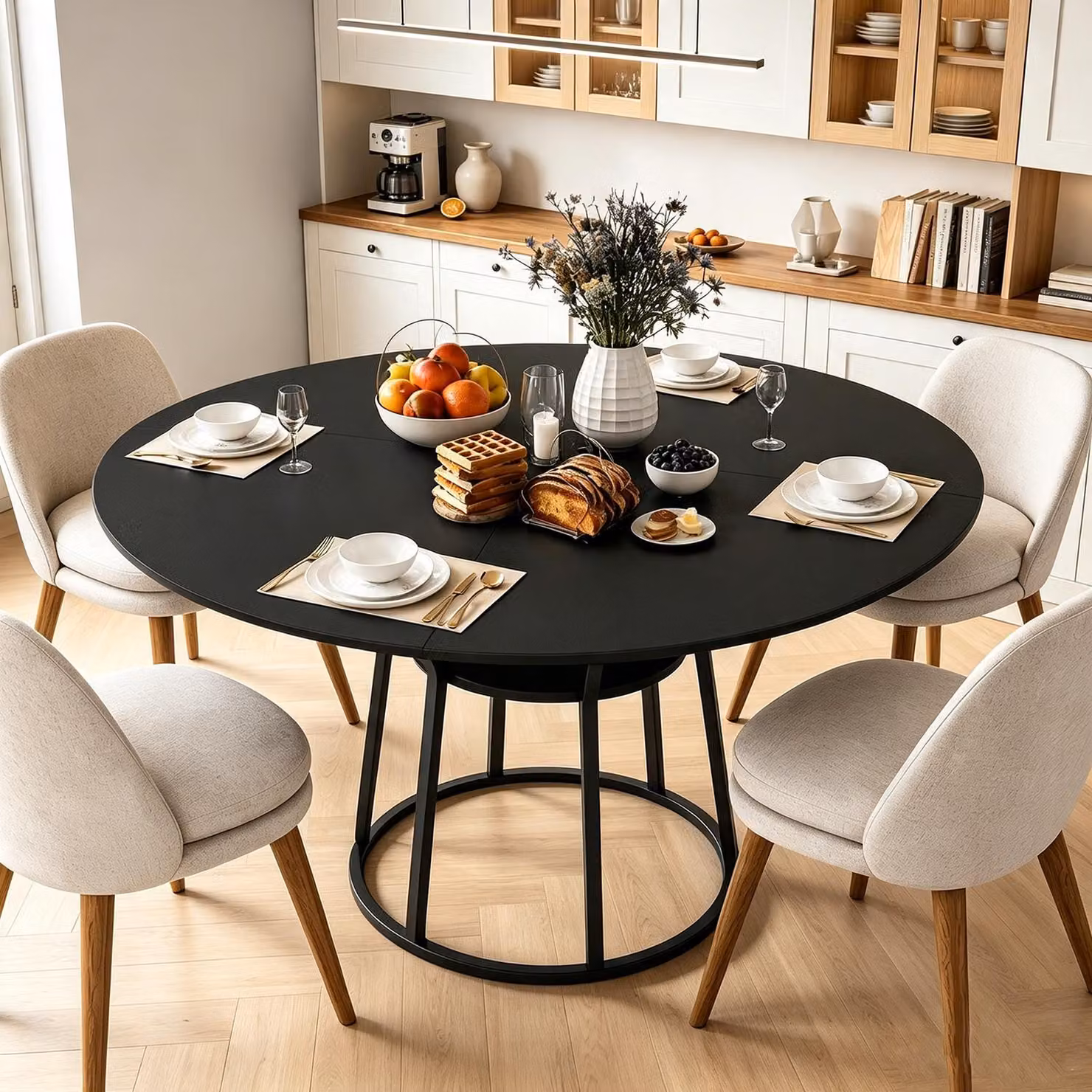 INONEFT, tavolo da pranzo rotondo, diametro 120 cm, per 4-6 persone, tavolo da pranzo con piano in legno e gambe in metallo, colore nero