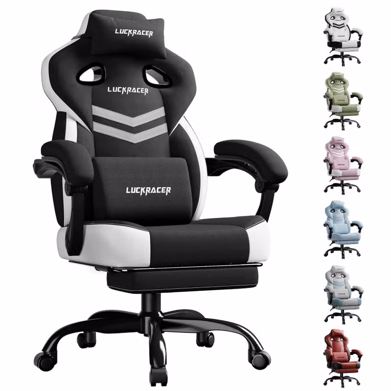 LUCKRACER sedia da gioco, sedia da ufficio con braccioli collegati, cuscino in memory foam, angolo di inclinazione di 90-155° e poggiapiedi, tessuto funzionale e resistente