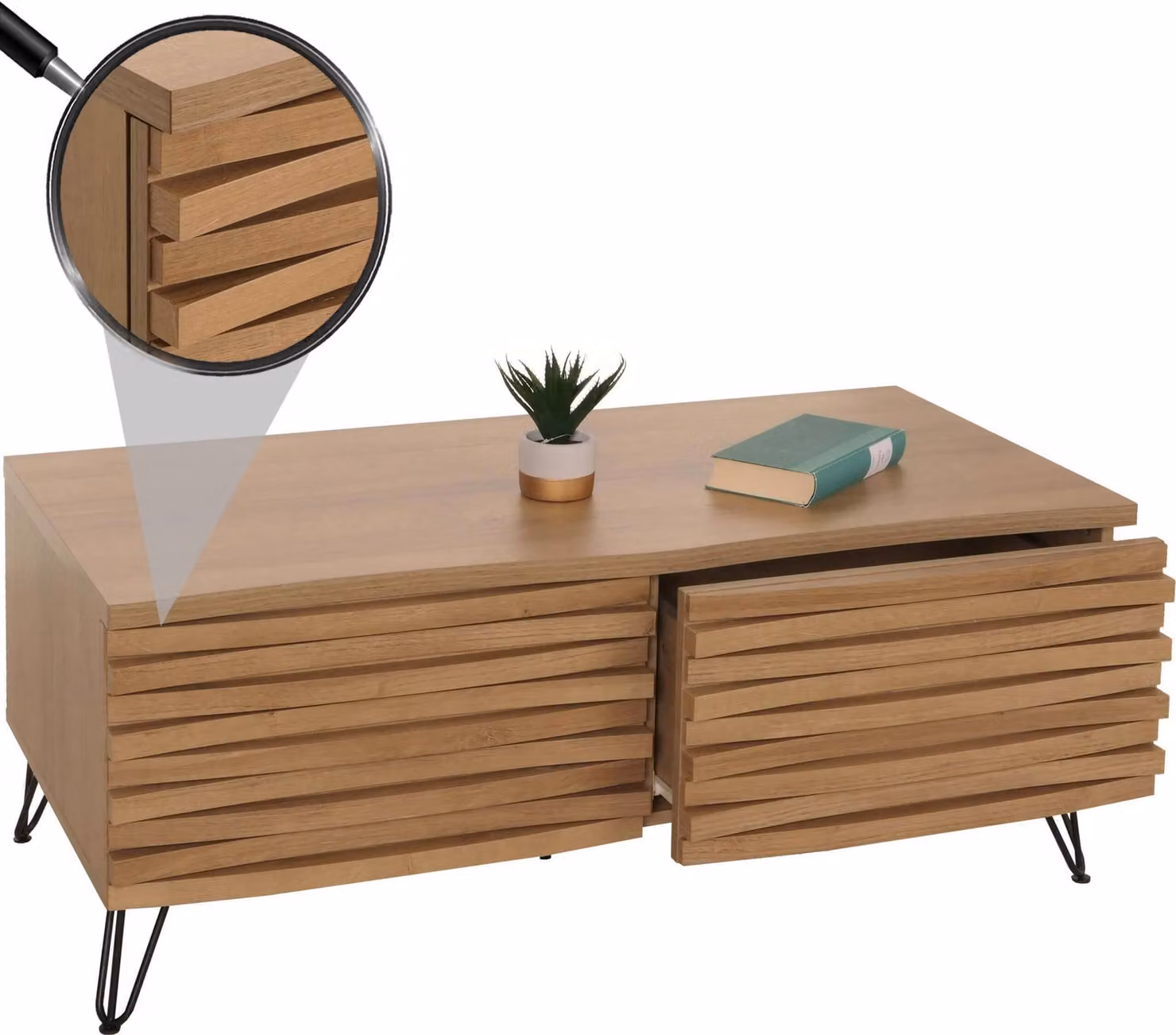 Tavolino HWC-M49, tavolo da salotto Tavolo, design 3D 2 cassetti MDF metallo 46x110x55cm ~ natura