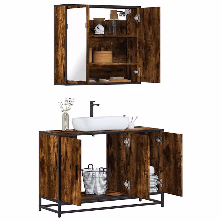 Set Mobili da Bagno 2 Pezzi vidaXL in Stile Industrial, Colore Marrone, con Mobile Lavabo e Armadietto con Specchio in Legno e Metallo