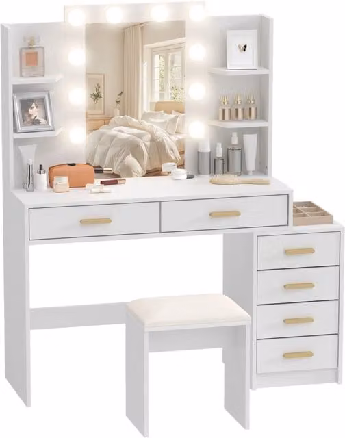 Cassettiera per trucco con specchio illuminato e sgabello imbottito ¨C zephmum ¨C bianco