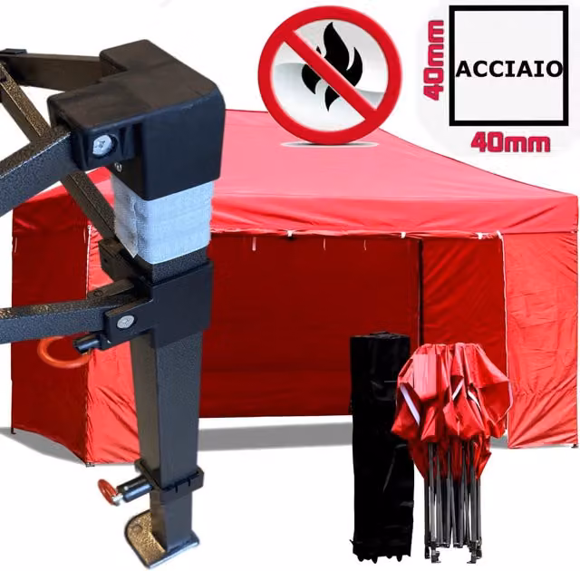 Gazebo 3x4,5m rosso certificato IGNIFUGO pieghevole portatile estendibile richiudibile estensibile acciaio con laterali per fiere eventi stand chiosco tenda tendone mercato mercatino