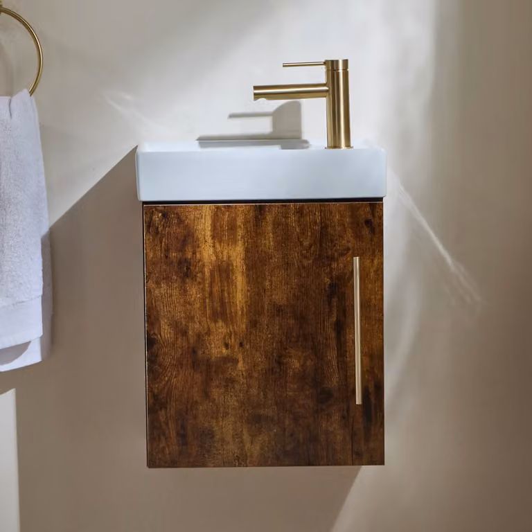 Mobile Bagno Rovere Scuro Sospeso da 400mm con Lavabo e Maniglia con Barra a T in Oro Satinato - Cluo