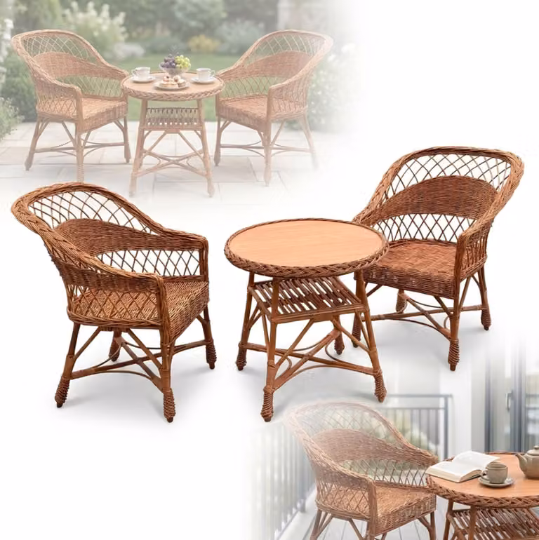 SET DI MOBILI DA GIARDINO: 2 poltrone decorative e un tavolino rotondo in legno naturale da terrazza