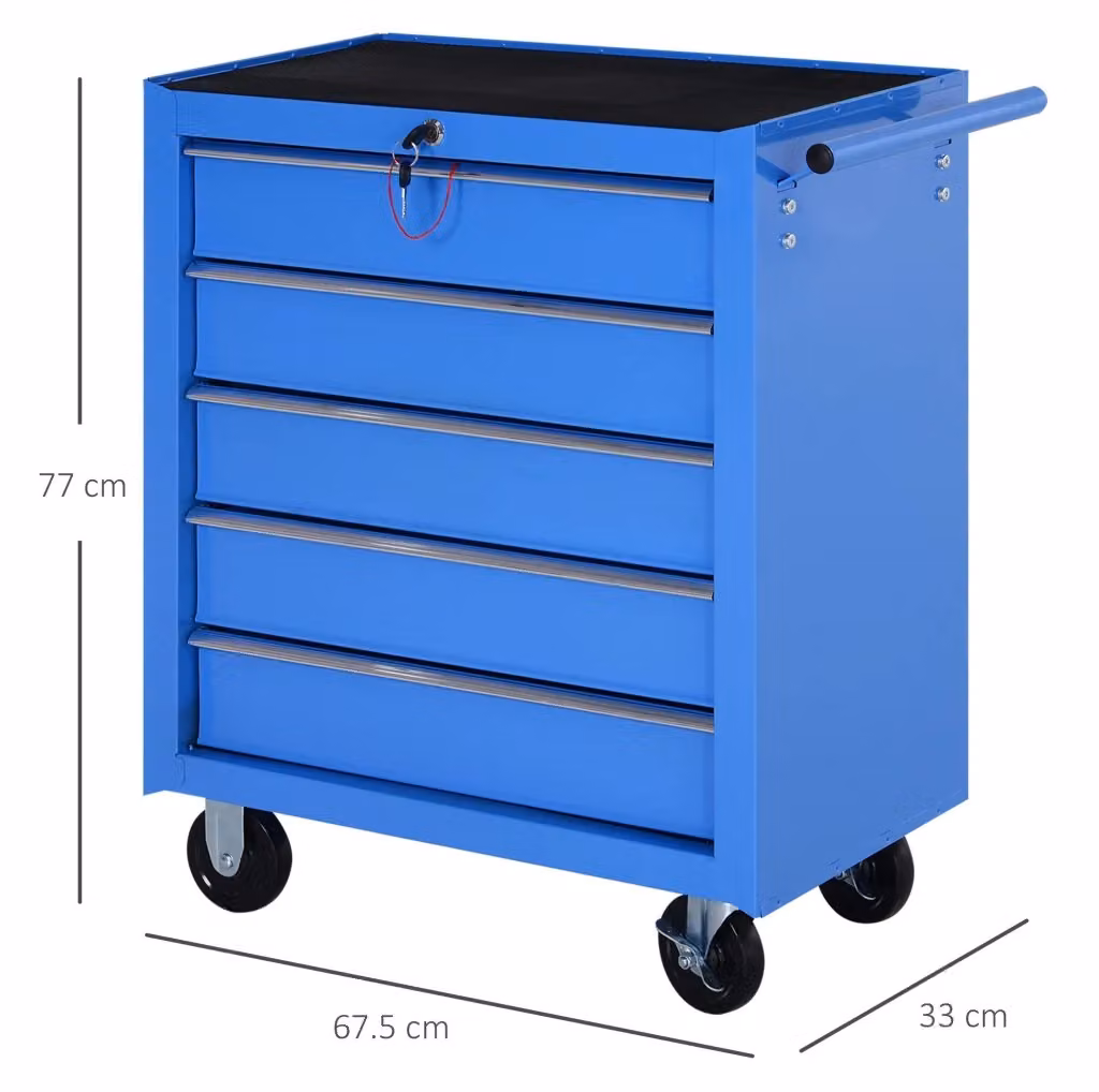 Carrello portautensili Qavryl in acciaio blu con 5 cassetti chiudibili e ruote L: 77 cm, P: 33 cm, H: 100 cm – 2