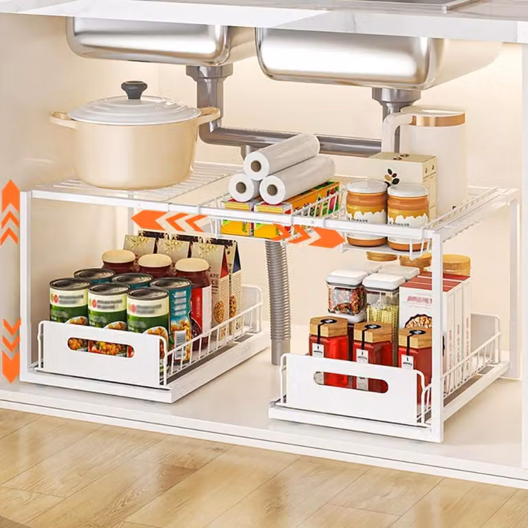 Organizzatore estraibile per mobile basso, in metallo bianco, stile B, dimensioni 58-75x32-40x36,5 cm