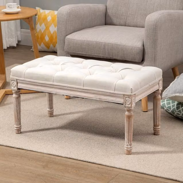 Panca imbottita ULEVR 80x40x43 cm in poliestere effetto lino crema, con gambe in legno