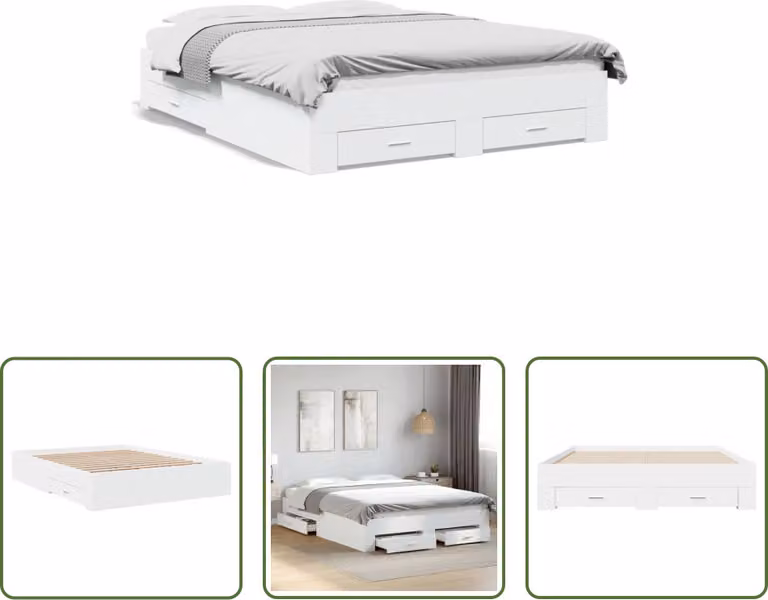 The Living Store Giroletto con cassetti bianco 160x200 cm in materiale ligneo