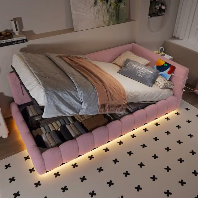 Letto divano singolo 90 × 200 cm con vano idraulico, USB, porta tipo C e LED regolabile, senza materasso, rosa