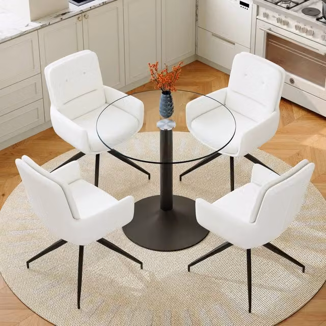 Set tavolo da pranzo rotondo in vetro temperato con 4 sedie girevoli in PU bianco