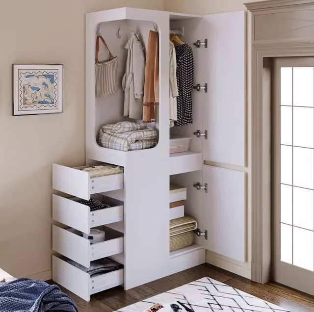 Armadio moderno in legno bianco con 1 anta, 4 cassetti interni e appendiabiti, L: 70 cm, P: 40 cm, H: 170 cm