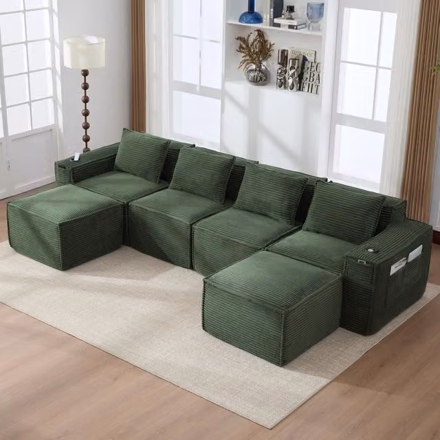 Divano modulare a L WISHDOR da 4 posti in tessuto a coste verde con portabicchieri, L: 330 cm, P: 162 cm, H: 75 cm