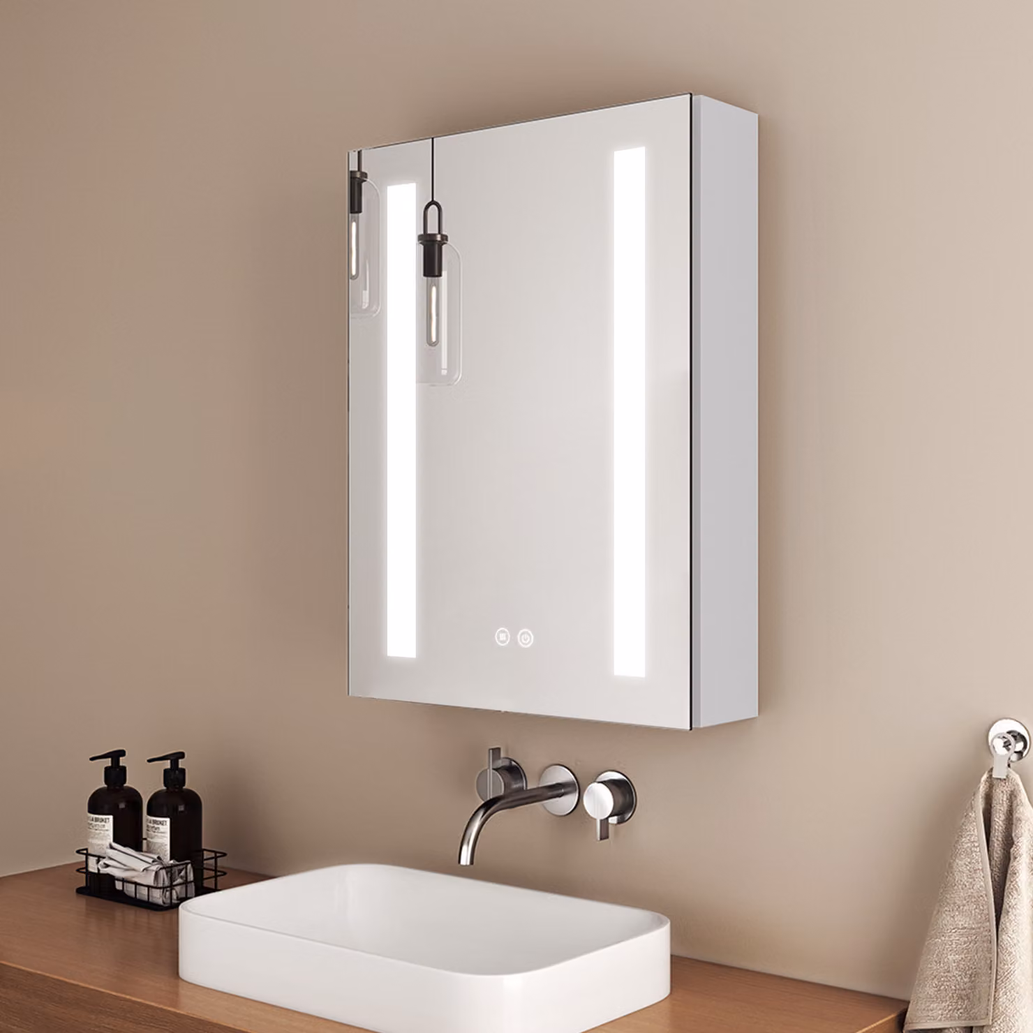 Armadio a specchio EMKE con illuminazione 145 x 500 x 700 mm Armadio da bagno con antiappannamento e touch, dimmerabile a 3 colori e con presa di corrente Armadio a specchio LED