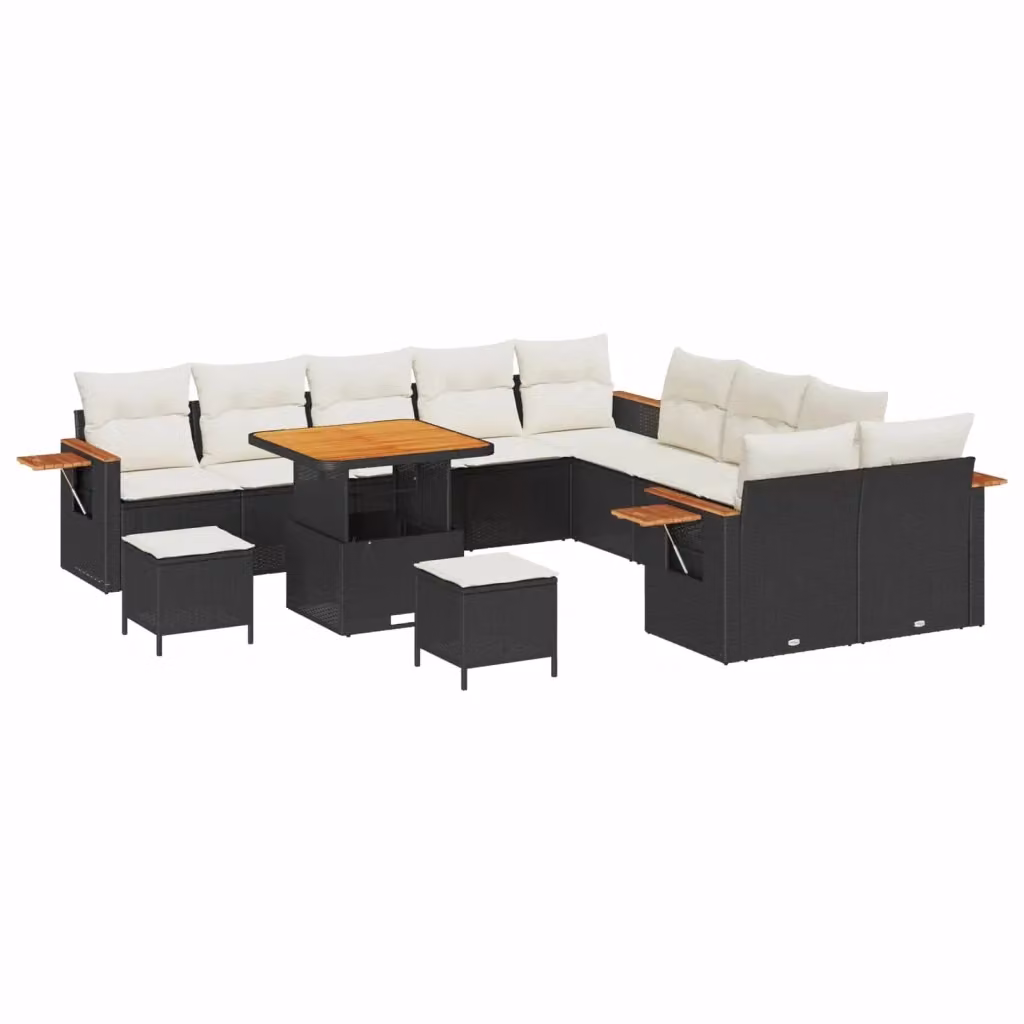Set Divano da Giardino vidaXL 13 pz a Forma a U in Polyrattan Nero e Beige con Cuscini e Tavolino – 2