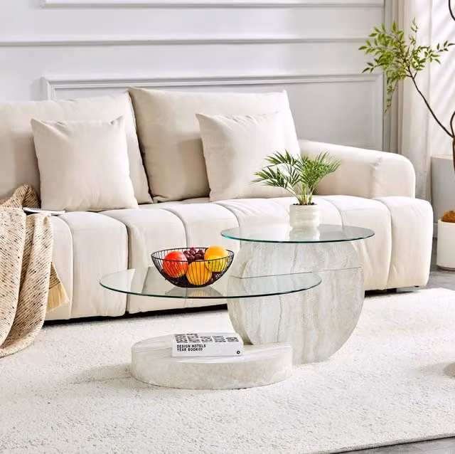 Tavolino da salotto ULEVR a 2 livelli con ripiani in vetro di sicurezza ? 50 e 70 cm, struttura in MDF, grigio chiaro