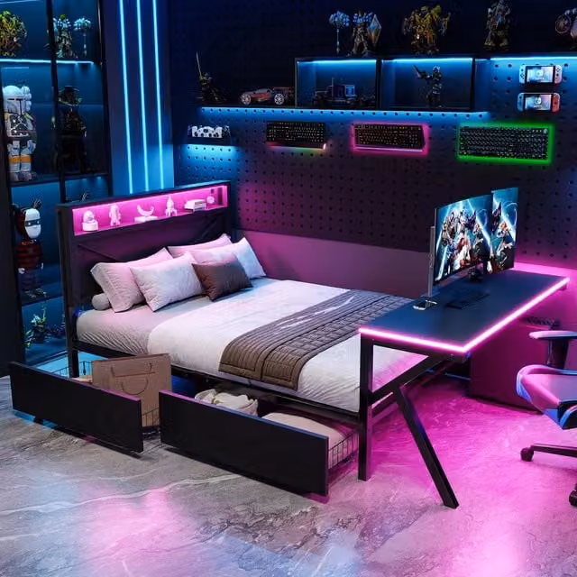 Letto a piattaforma 140 × 200 cm con testiera e scrivania LED in MDF e metallo nero con due cassetti