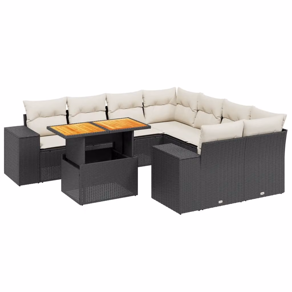 Set Divani da Giardino 9 pz con Cuscini Nero in Polyrattan