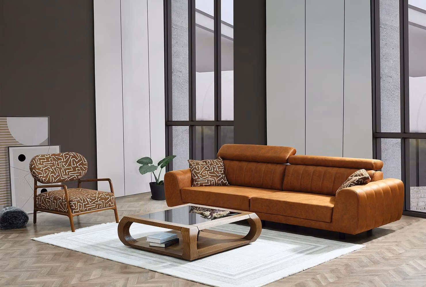Komplette Couchgarnitur Viersitzer Sessel Couch Braun Kunstleder Sofas