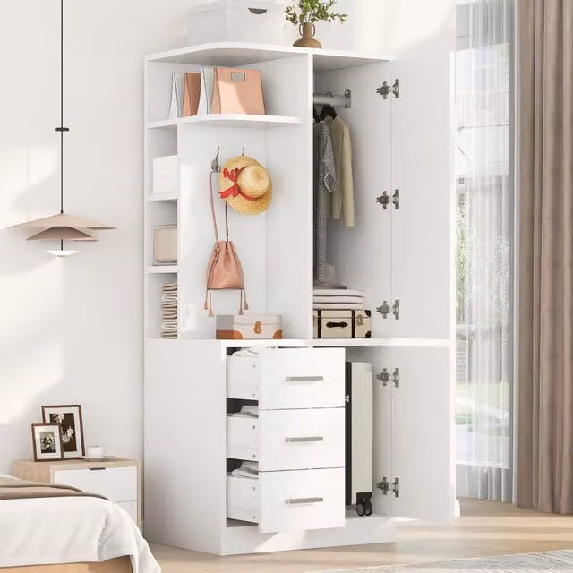 Armadio guardaroba a una porta 70 x 50 x 170 cm con cassetti; ripiani e appendiabiti; bianco