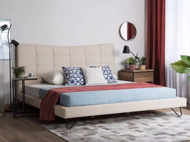 Letto Beliani Beige in Tessuto con Testiera Trapuntata e Doghe L/P/H: 180 x 200 x 117 cm – 1