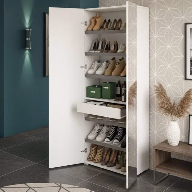 Mobile Portascarpe Eracle DMORA Bianco con Specchio e Ante in Vetro L/P/H: 72 x 37 x 195 cm