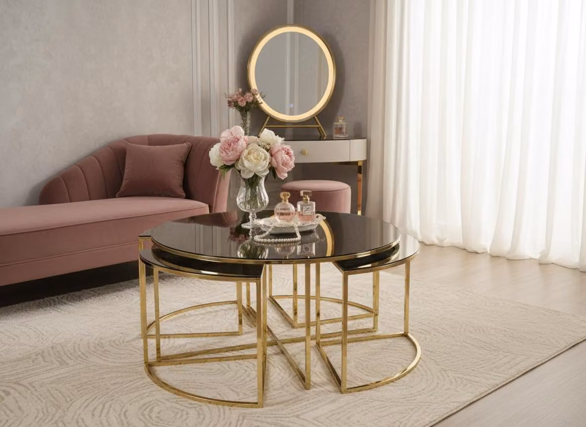 Tavolino da salotto moderno, minimalista, dorato, elegante, di classe e confortevole