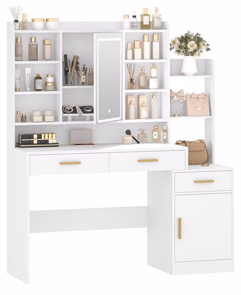 Comò da trucco con specchio e illuminazione a LED, 3 cassetti, 1 armadietto, ripiani aperti, colore bianco, dimensioni 40 x 130 x 149 cm