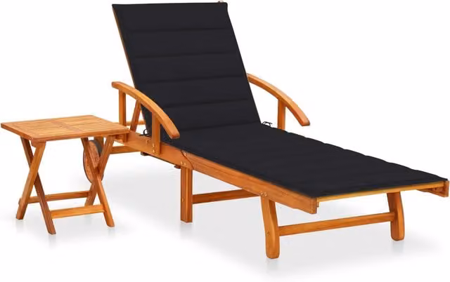 Lettino prendisole Outsunny in legno di acacia con cuscino nero e tavolino per giardino e terrazzo