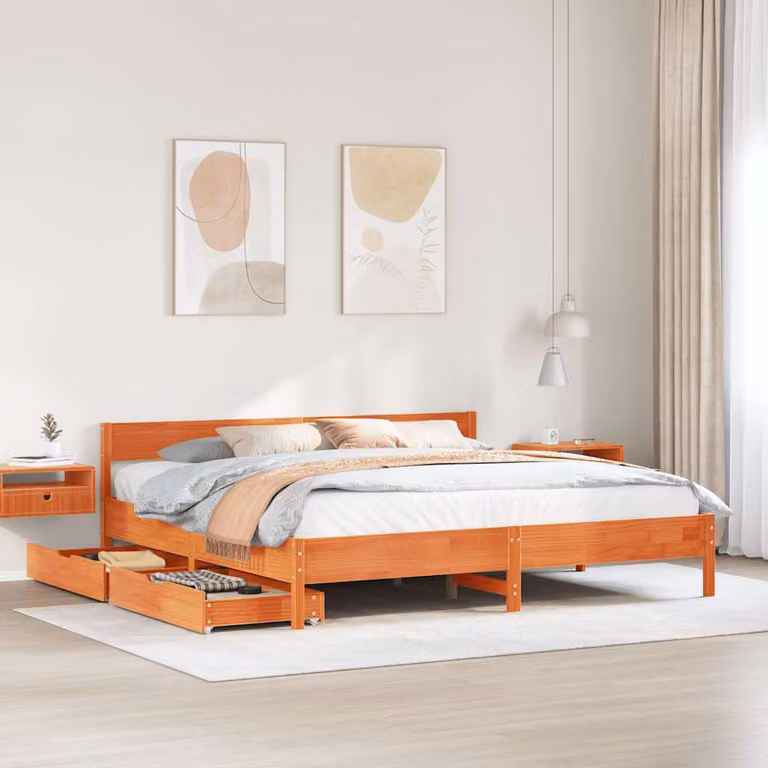 Letto in legno di pino rustico vidaXL con cassetti, colore marrone cera, L/P/H: 200 x 200 x 71,5 cm