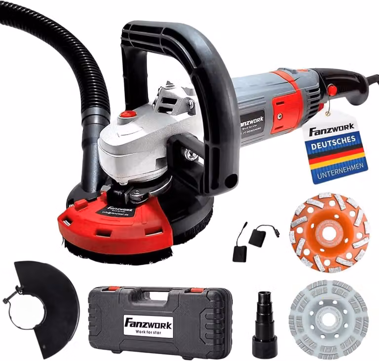 Macchina per la levigatura del calcestruzzo, set di frese per calcestruzzo con disco diamantato e sistema di aspirazione (1500W/125 mm o superiore)