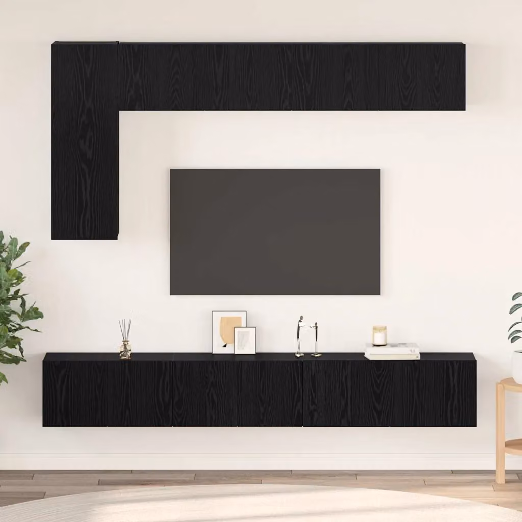 Set mobile TV moderno vidaXL in 6 pezzi, Rovere e Nero, in legno MDF per soggiorno – 1