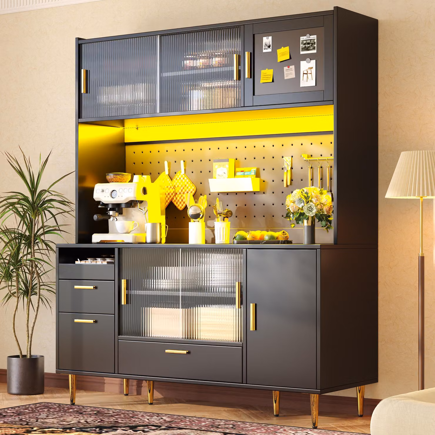 Credenza a buffet Flieks con illuminazione a LED e pannello forato, mobile da cucina con ante scorrevoli in vetro, anta magnetica, credenza alta 140x40x180 cm, nero