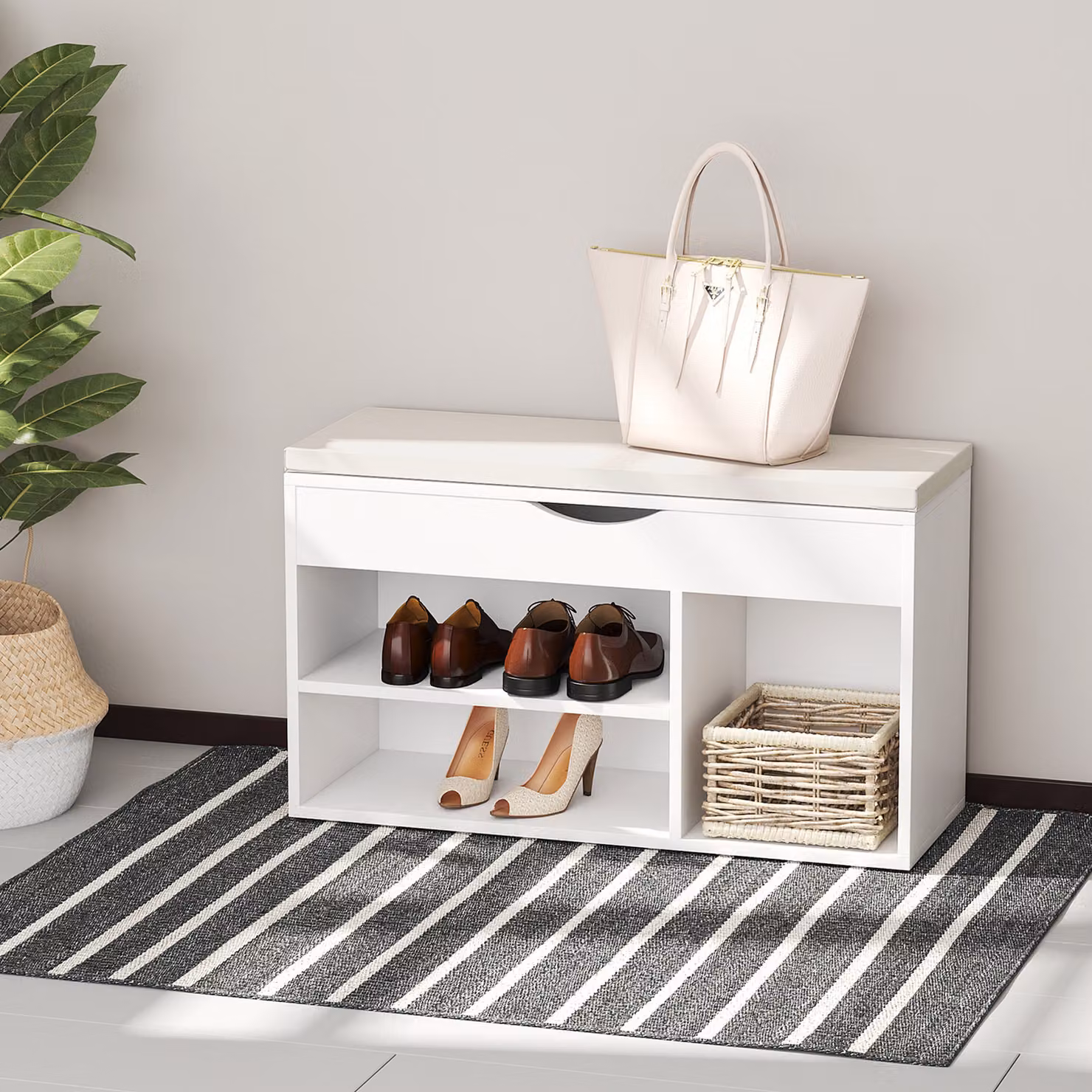 Panca Scarpiera HOMCOM con Sedile Imbottito Ribaltabile in Legno e Finta Pelle, Bianco, L 80 x P 30 x H 47 cm – 2