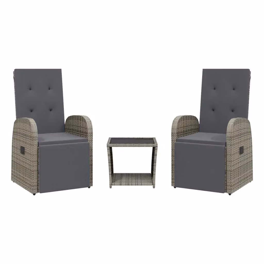 Set da Pranzo da Giardino 3 pz vidaXL in Polyrattan e Metallo con Piano in Vetro e Cuscini Grigio e Nero – 2