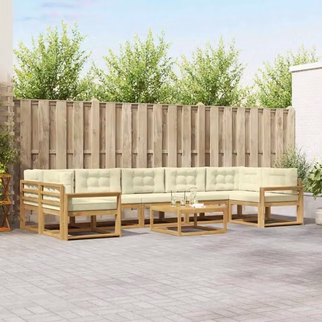 Set di divani da esterno a L con tavolo da caffè vidaXL, composto da 6 pezzi in legno di acacia trattato, colori bianco e beige