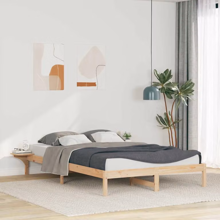 Letto moderno vidaXL in pino massello con tavolini laterali, colore naturale/marrone/beige, L: 160 cm, P: 225,5 cm, H: 210 cm