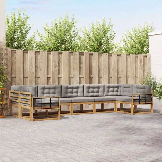 Set di divani da esterno a L vidaXL in legno di acacia con 7 pezzi, Bianco e Grigio – 1