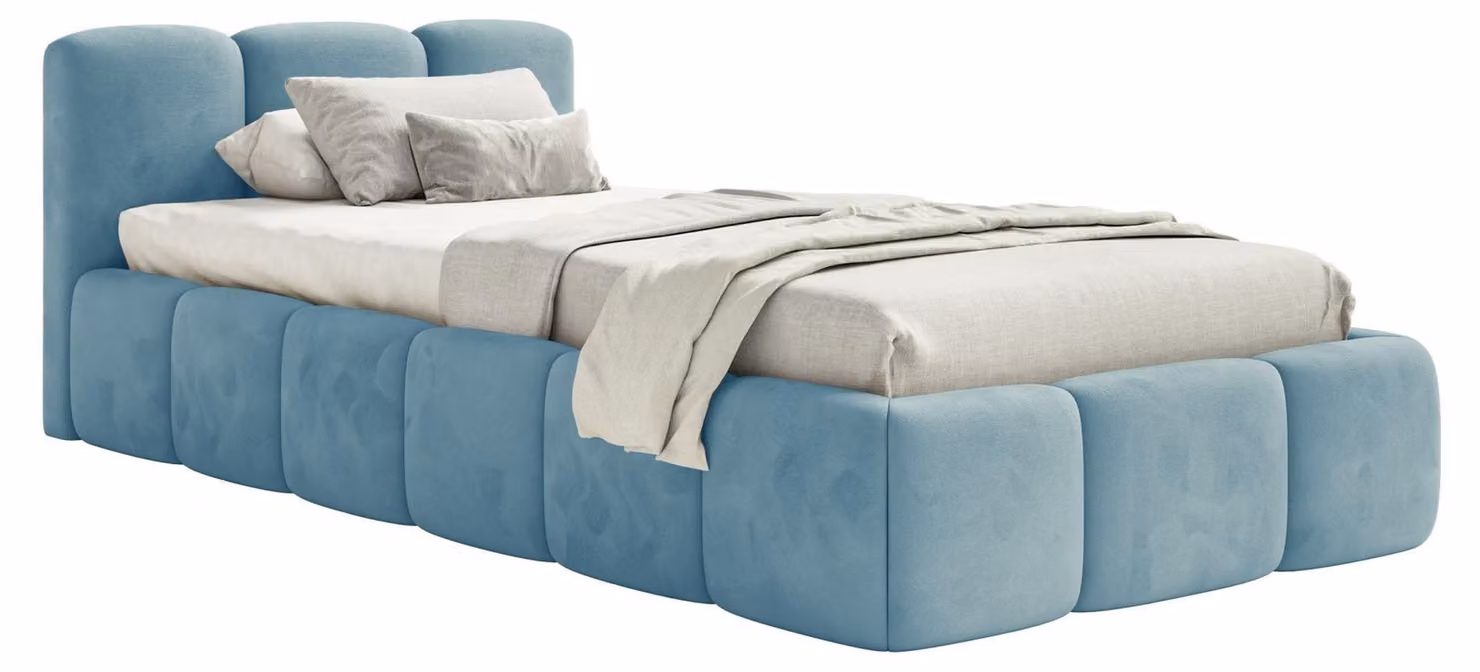 Selsey Cloudy Low – Letto imbottito 90x200 cm, contenitore e rete a doghe, velluto azzurro