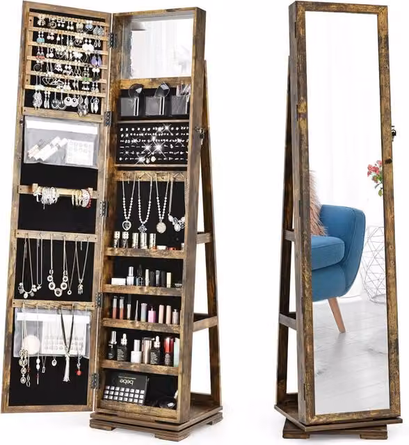 Armadietto Portagioielli Autoportante COSTWAY con Specchio a Figura Intera e Serratura, Organizzatore con Ripiani Interni, L/P/H: 39 x 39 x 161 cm